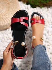 European And American Style Plus Size Color Block Open Toe Sandals With Beading Detail, Red, Summer - Red - View 1