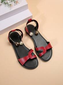 European And American Style Plus Size Color Block Open Toe Sandals With Beading Detail, Red, Summer - Red - View 5