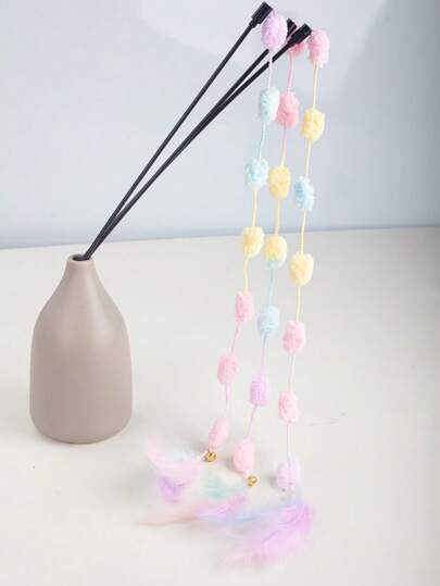 1pc Colorful Feather+pom-pom Interactive Cat Teaser With Bell