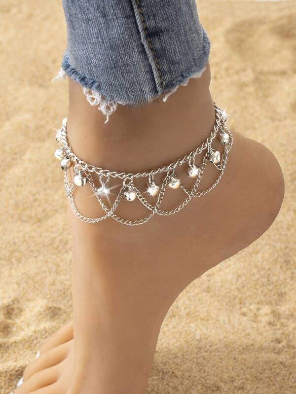 1pc Euro-american Style Metal Layered Chain & Bell Design Anklet For Women, Beach, Daily, Party, Gift