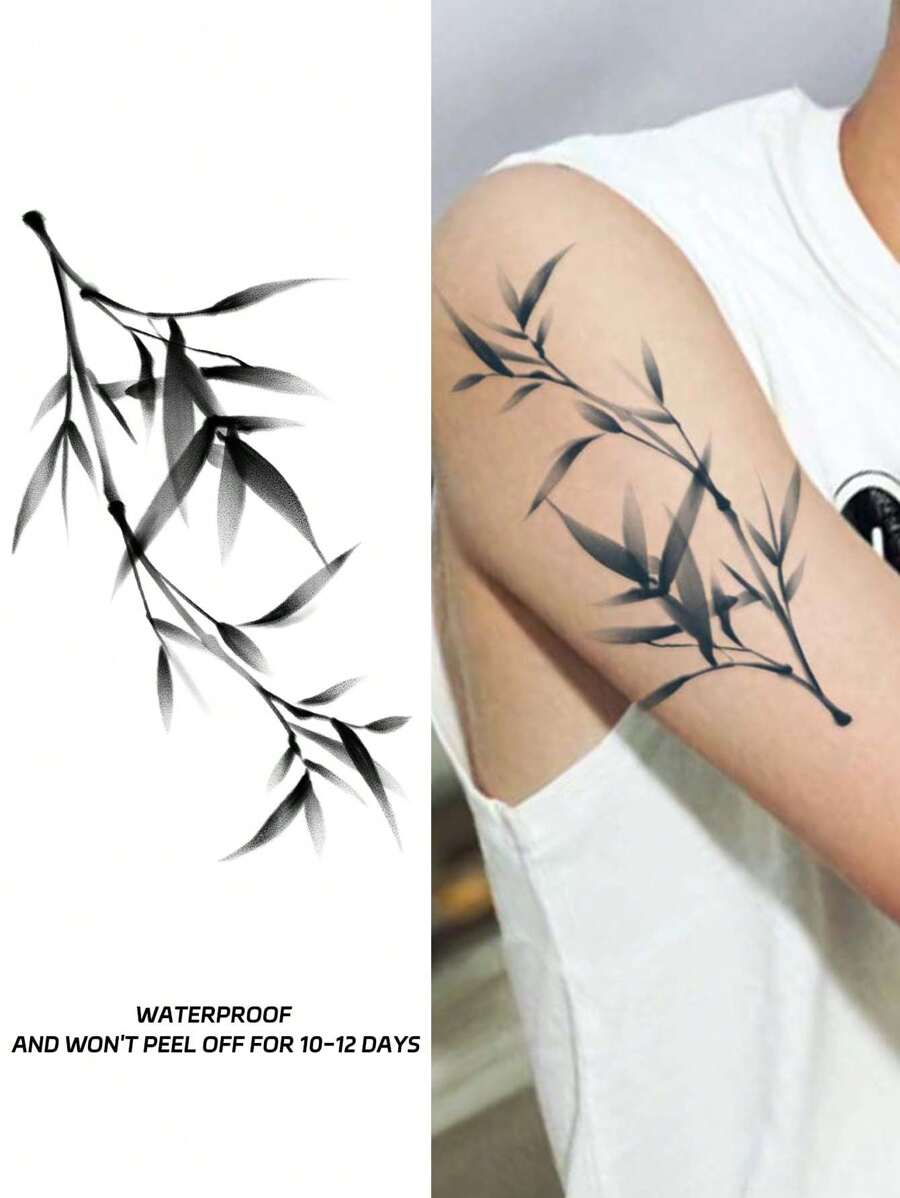 1個男性專用的柳葉圖案臨時紋身貼紙,防水,持久10-12天,不反光,適用於手臂肌膚 - 黑色 - 查看 1
