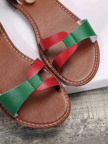 European And American Style New Large Size Color Block Beaded Red & Green Women's Sandals, Casual & Fashionable Outdoor Beach Shoes, Summer