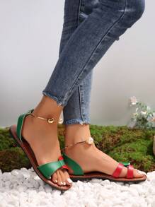 European And American Style New Large Size Color Block Beaded Red & Green Women's Sandals, Casual & Fashionable Outdoor Beach Shoes, Summer