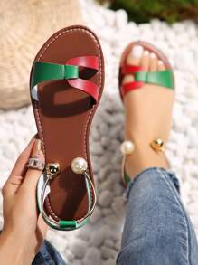 European And American Style New Large Size Color Block Beaded Red & Green Women's Sandals, Casual & Fashionable Outdoor Beach Shoes, Summer