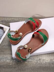 European And American Style New Large Size Color Block Beaded Red & Green Women's Sandals, Casual & Fashionable Outdoor Beach Shoes, Summer