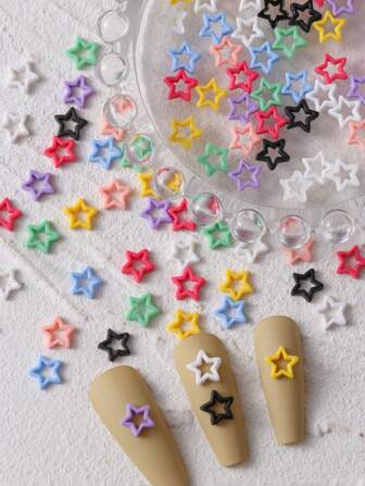 50Pcs Y2K Colorful Star Mini Hollow Series Multiple Color Mixed Nail Art Accessories Diy Simple Flat Bottom Matte Pentagram 3D Women'S Casual Art Nail Accessories Nail Charms Nail Gems Nail Supplies Nails