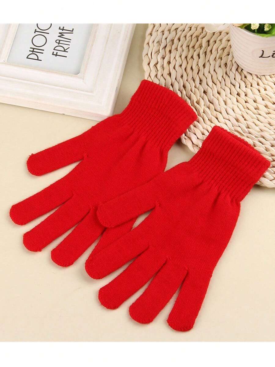 2pcs/set Unisex Solid Color Knitted Acrylic Wool Blend Elastic Warm Magic Gloves For Winter - Red - View 1