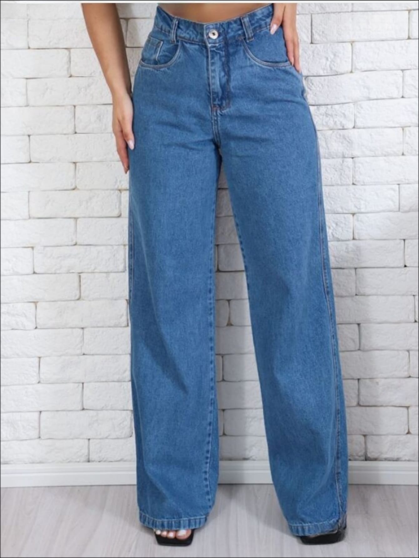 Calça Wide Leg Pantalona Jeans Feminina Cintura Alta Levanta Bumbum ...