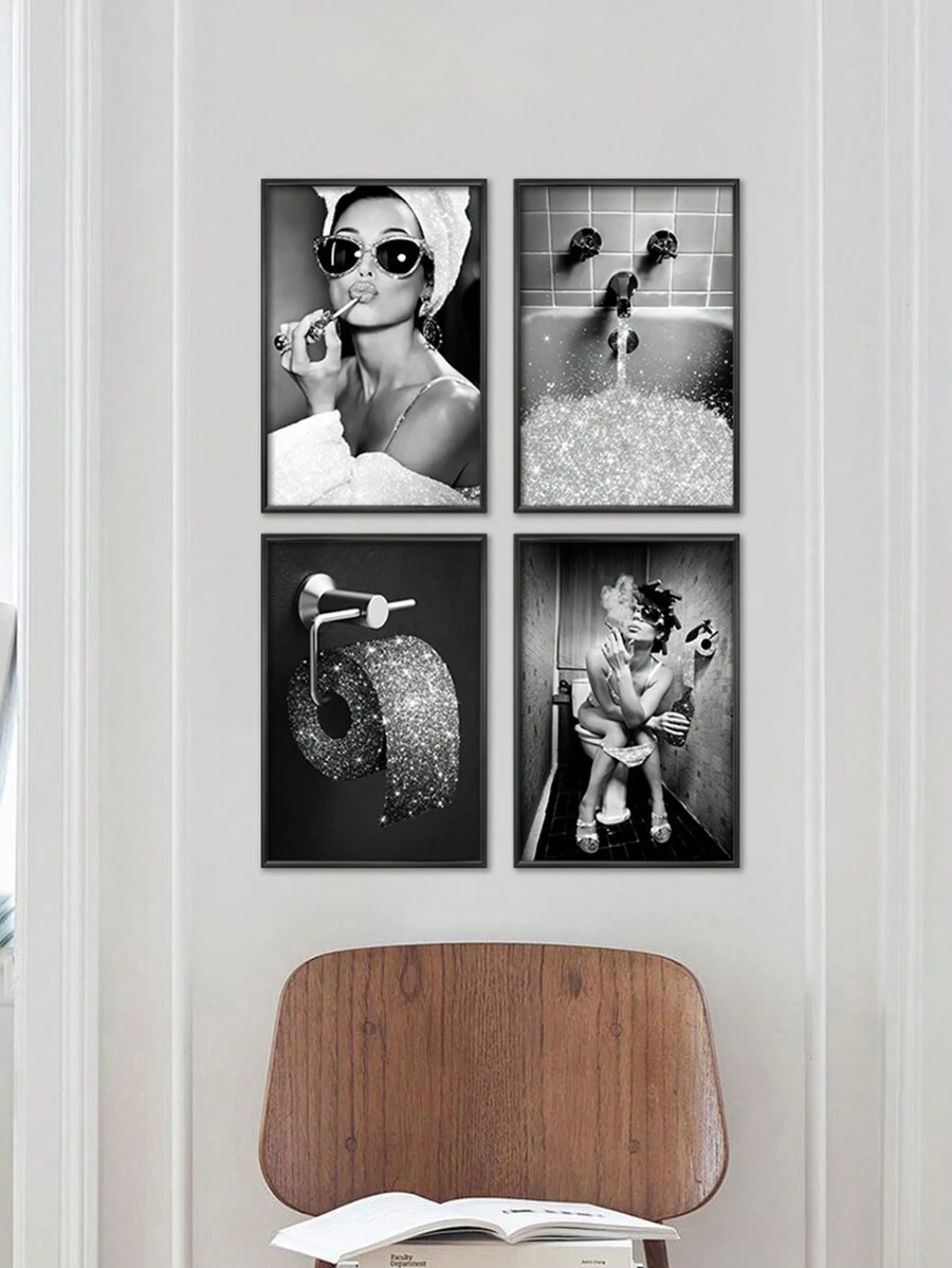 4pcs/Set Bathroom Wall Art Prints, Chic Sparkling Paper Roll Holder ...