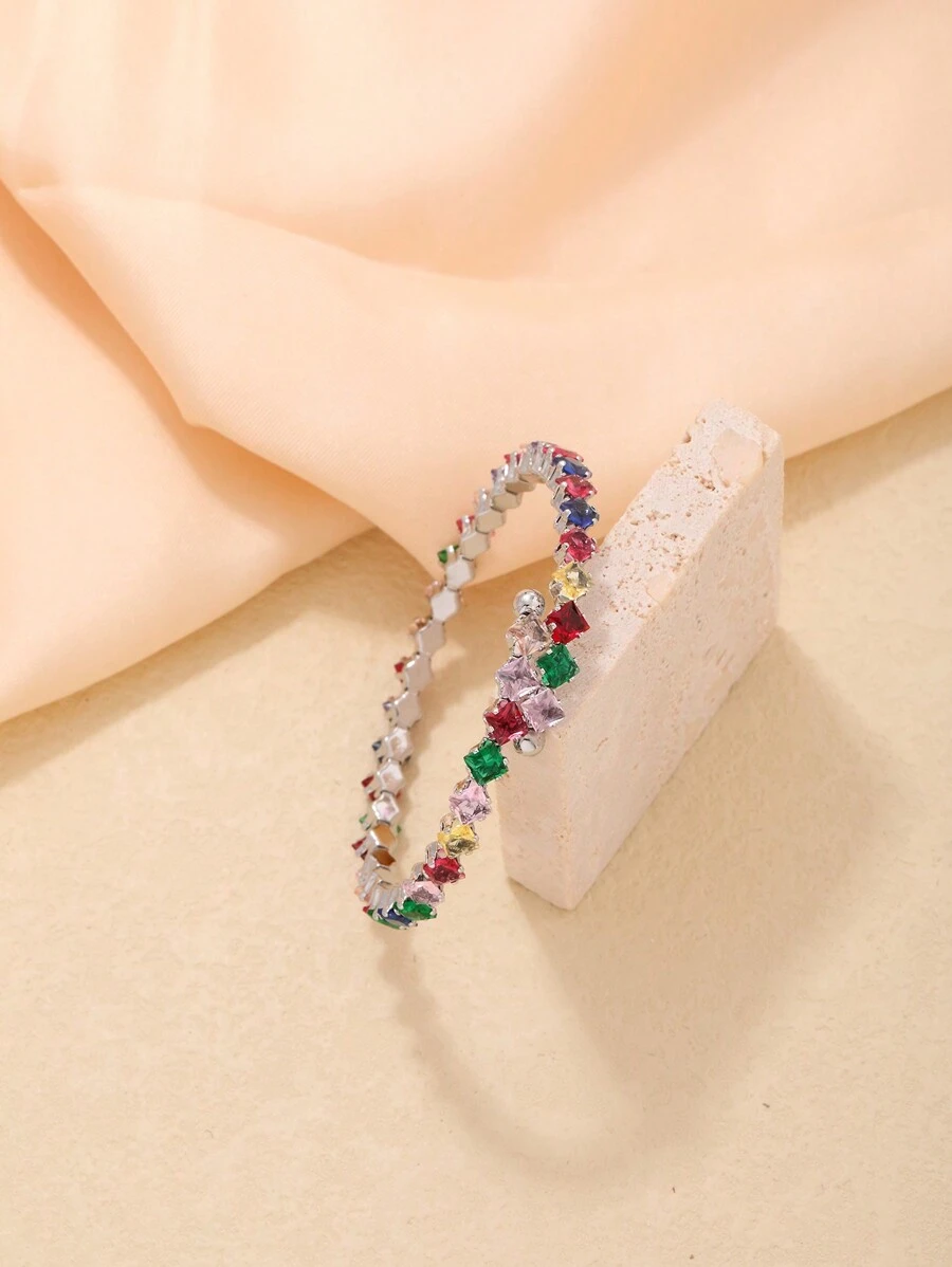 1pc Women's Colorful Cubic Zirconia Square Shaped Bangle With Full Rhinestone Decoration, High-End Jewelry Accessory - Multicolor - View 1