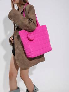 Bolso Grande De Tela En Cuadros Con Capacidad Amplia - Rosa Fucsia - Ver 3