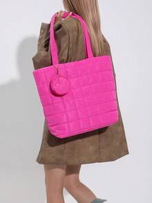 Bolso Grande De Tela En Cuadros Con Capacidad Amplia - Rosa Fucsia - Ver 6