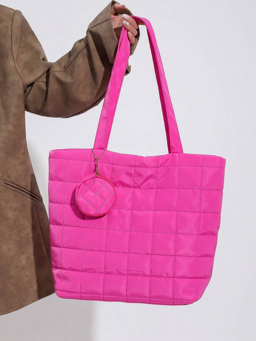 Bolso Grande De Tela En Cuadros Con Capacidad Amplia - Rosa Fucsia - Ver 1