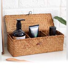 1pc Seagrass Woven Box, Home Display Decor Storage Box, Gift Wrapping Box, New Year Gift Packaging And Storage Box, Bedroom Living Room Home Organizing And Storage Basket, Metal Frame Garden Planters, Modern Bohemian Rope Hanging Baskets, Natural Mix Rattan Accents For Coastal Vibes Patio Decor,For Back To School