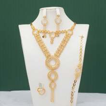 5pcs/Set Geometric Round Tassel Design Copper Earrings Covered In 18k+ Champagne Gold Oxidation And Wear Resistance Coating, Chic, French Romantic Style, Luxurious Gift Set For Dubai Bride, Mother'S Day, Wife, Party, Festival - Champagne - View 3