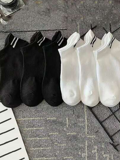 6 Pairs (3 Black, 3 White) Sports Striped Crew Socks, Gym, Fall
