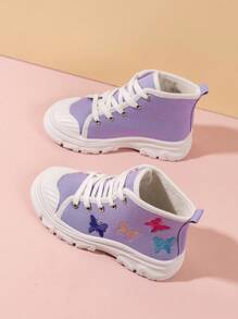 Purple Toddler Girls' Classic High-Top Canvas Sneakers With Butterfly Embroidery, Thermal Lined For Warmth - Purple - View 2