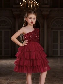 Einschultriges, langärmliges, geschichtetes formelles Kleid mit Netzsaum für Tween-Mädchen