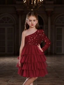 Einschultriges, langärmliges, geschichtetes formelles Kleid mit Netzsaum für Tween-Mädchen