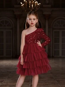 Einschultriges, langärmliges, geschichtetes formelles Kleid mit Netzsaum für Tween-Mädchen