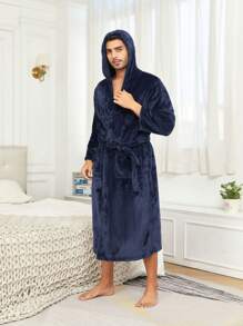 1pc Flannel Hooded Robe, Warm Thick Couple Sleepwear, Autumn/Winter, Warming - Navy Blue - View 2