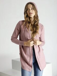 Suéter de punto trenzado de manga larga para mujer, cárdigan de frente abierto, ropa exterior suelta - Rosa - Ver 3