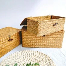 1 件带盖海草编织储物篮,个性化礼品盒,适用于家庭展示、浴室、厨房、零食储存、珠宝收藏、新年礼品包装、卧室、客厅、家庭桌面化妆品储存和杂物储物篮,现代波西米亚风绳状植物吊架,木藤几何篮子,天然混合金属框架装饰,适合沿海花园装饰,适合返校 - 黃色 - 查看 9