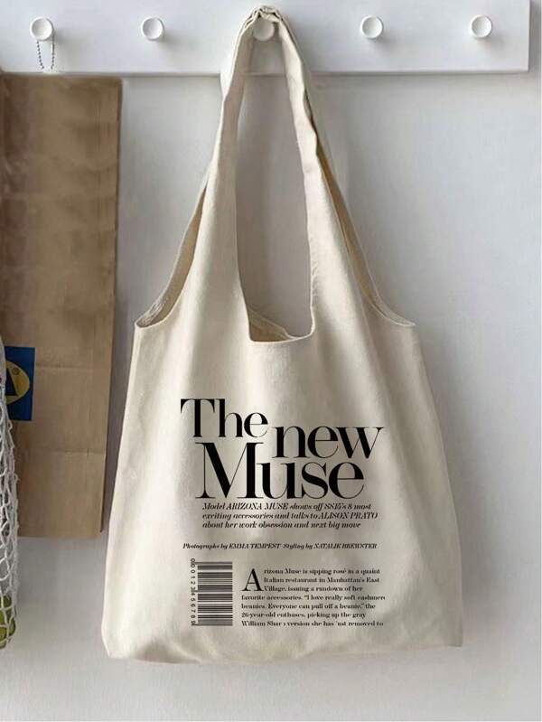 1pc Milk White The New Muse Printed Women's Canvas Vest Tote Bag,Portable Shopping Bag For Activities,School Bag,Capacity,Portable,For Teen Girls Women College Students,White-Collar Workers,Perfect For Work,Back To School,Middle School,High School,College,Vacation, Large Capacity Grocery Bag For Travel, Picnic, Camping, Outdoor & Adventures, Literary School Bag & Book Bag For Women Or Students, Perfect For Books, Shopping, Back To School And More