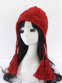 1 Unisex Tassel-decorated Ear Protection, Fashionable And Simple Red Woolen Hat, Suitable For Outdoor Cold Protection And Warmth In Autumn And Winter. - Burgundy - View 6