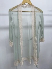 QING ROU 女士綠色性感極簡風格網紗浴袍和腰帶，配對比蕾絲 - 綠色 - 查看 4