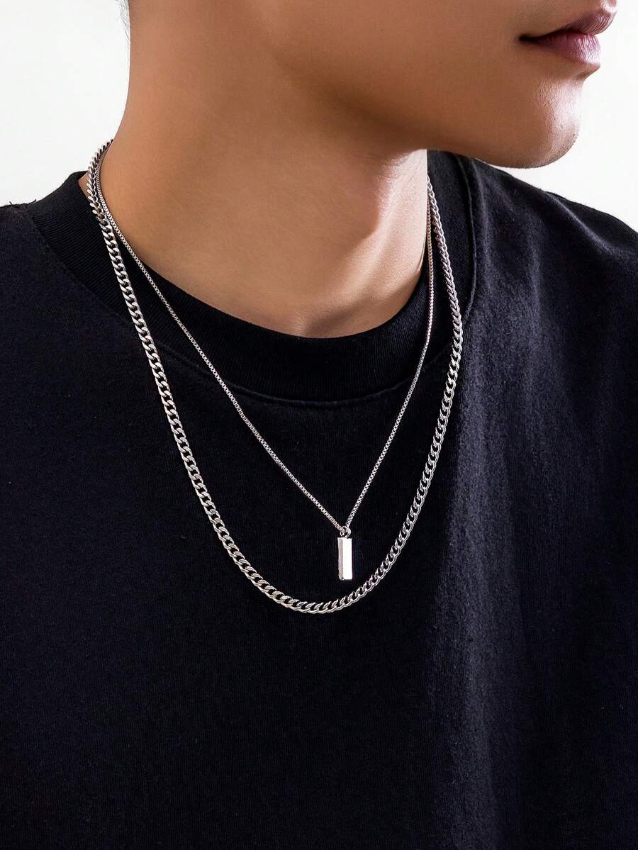 2 件/套時尚簡約幾何金屬吊墜項鍊適合男士日常佩戴