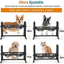 Comedero Para Gatos Y Perro comida Plato Con Base Elevada Ajustable,Grande con cuenco de acero inoxidable - Negro - Ver 2