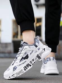 男士厚底增高涂鸦字母装饰保暖内衬前系带厚底运动鞋，适合休闲和运动跑步 - 白黑 - 查看 9