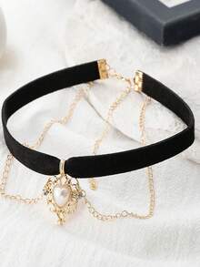 1入復古黑色套頸項鍊，哥特式金色仿珍珠心形層疊項鍊，適用於女孩珠寶禮品