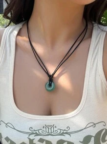 1pc Natural Green Aventurine Ping An Buckle Waterproof Necklace Adjustable Braided Wax Rope - Green - View 5