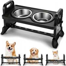 Comedero Para Gatos Y Perro comida Plato Con Base Elevada Ajustable,Grande con cuenco de acero inoxidable - Negro - Ver 1