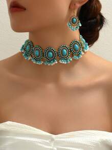 1pc Retro Rhinestone Necklace And 1pair Exaggerated Vintage Earrings Jewelry Set For Women - Blue - View 12
