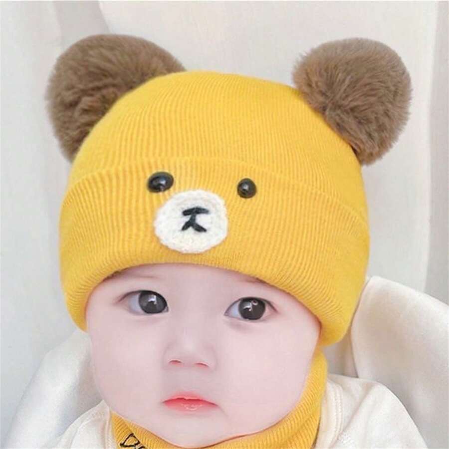 Bộ khăn mũ trẻ sơ sinh, mùa thu và đông, cho bé từ 0-12 tháng tuổi, mũ len giữ ấm và khăn quàng cổ cùng màu - Màu vàng - Xem 1