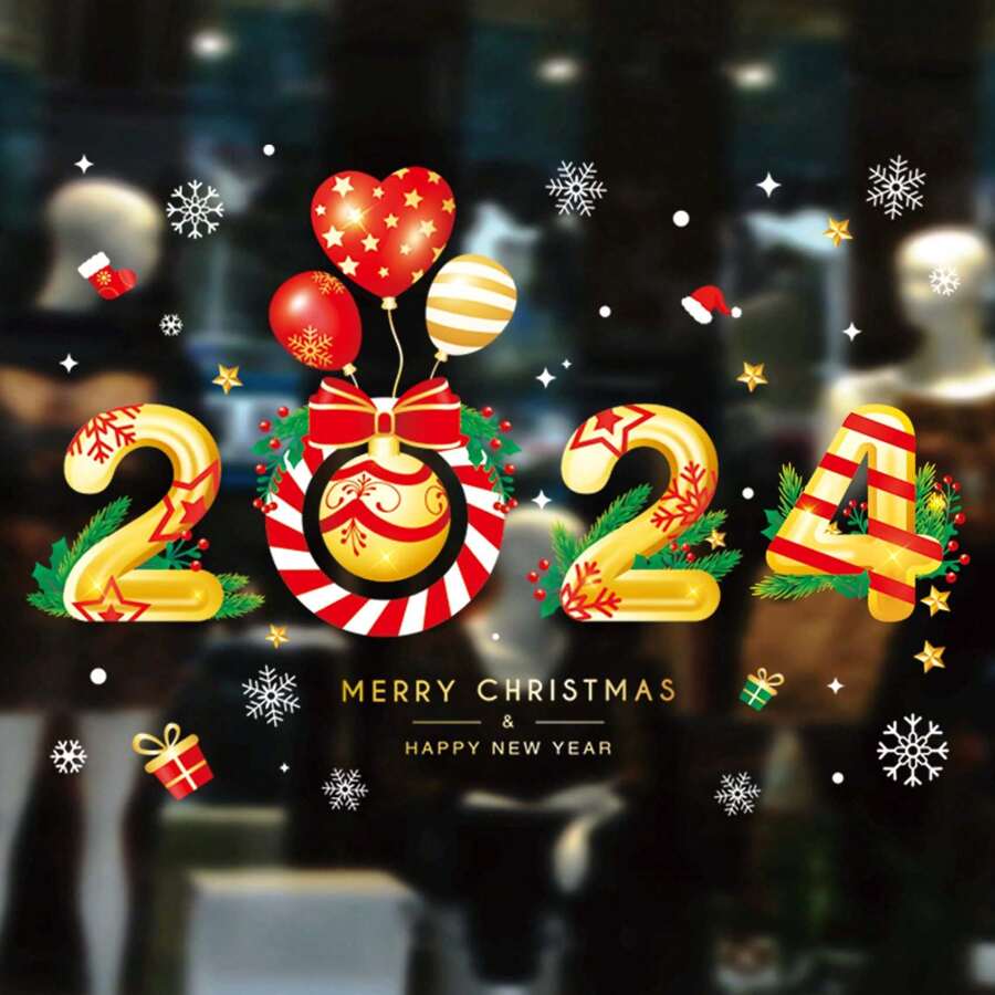 聖誕節裝飾店鋪窗戶、玻璃門用靜電貼紙,聖誕老人和樹景貼紙,節日裝飾用