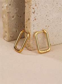 1pair Golden Metallic Geometric Square Circle Earrings For Women, Minimalist Round Dangling Ear Studs, Punk Style Jewelry