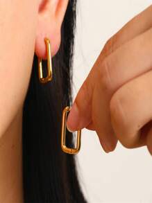 1pair Golden Metallic Geometric Square Circle Earrings For Women, Minimalist Round Dangling Ear Studs, Punk Style Jewelry