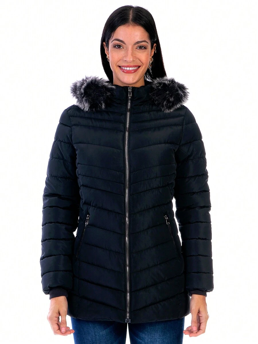 Chamarra Larga Para Mujer Capitonada Con Capucha Desmontable - Negro - Ver 1