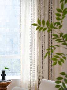 1入組幾何圖案純麻窗簾與波西米亞圖案純麻矩形窗簾,附米色流蘇裝飾,半遮光,適用於派對、餐廳、廚房、臥室、咖啡廳、健身房、大廳、法式窗戶、門、四季家居窗簾 - 米色A106-23 - 查看 5