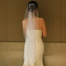 1 件时尚优雅人造珍珠装饰新娘头纱，多种尺寸短/长单层欧美风格婚礼头饰 - 米色 - 查看 3