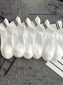 6 Pairs/Set White Striped No-Show Socks, For Gym Sports