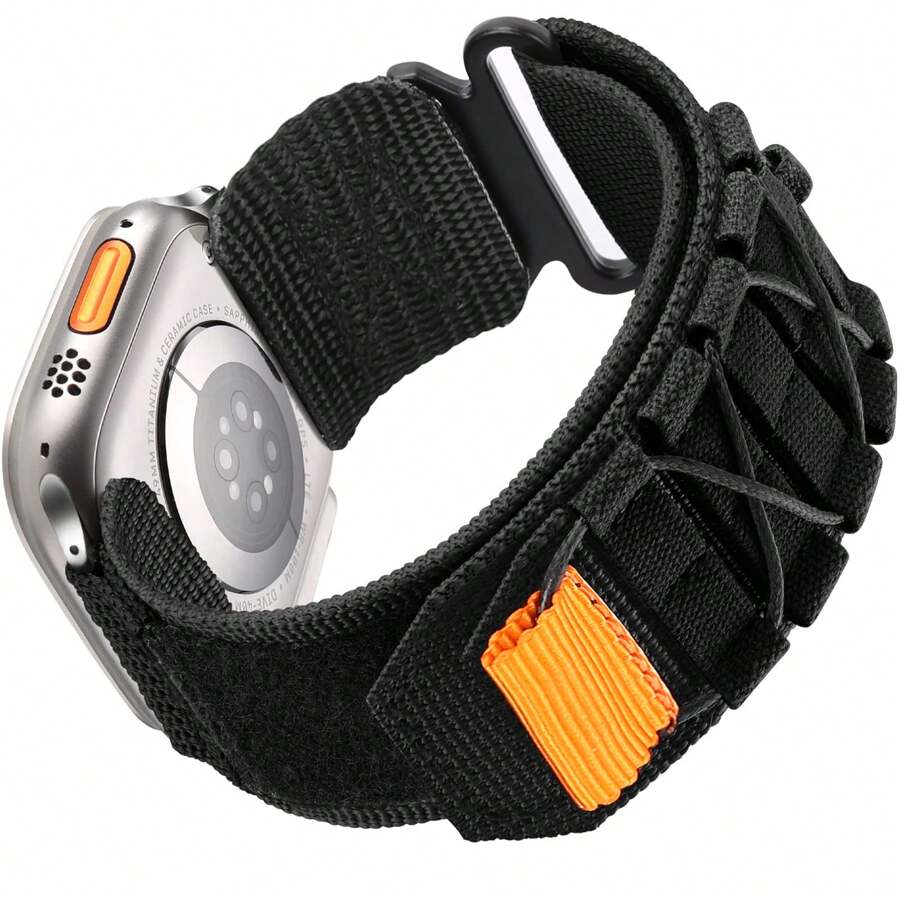 尼龍運動錶帶適用於Apple Watch Ultra 2系列9 8 7 6 SE 5 4手環，適用於Apple Watch 49 45 44 42mm 40 41 38手鍊 - 黑色 - 查看 1