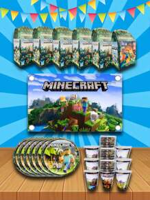 Minecraft人物15人派對套裝,包括46件裝飾品(盤子+杯子+派對袋+橫幅)和好禮紀念品 - 黑色 - 查看 1