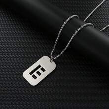 1pc Hollow Out Letter Necklace For Men, Hip Hop Sweater Chain Jewelry, Rectangular Smooth Tag Pendant - Silver - View 9