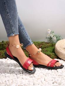 歐美風格女士加大尺碼開趾編織皮革涼鞋,黑紅配色,時尚休閒,適合夏日戶外活動 - 紅色 - 查看 2