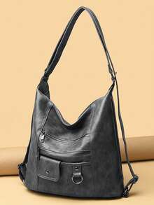 New Arrival Large Capacity Retro Fashionable Soft Leather Mom Bag With Multiple Pockets - Grey - View 1